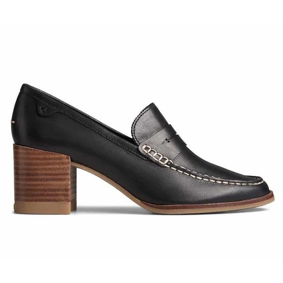 Sperry Seaport Penny Loafer Pumps Black Leather Block Heel STS86538 Womens 8.5 - Picture 2 of 13